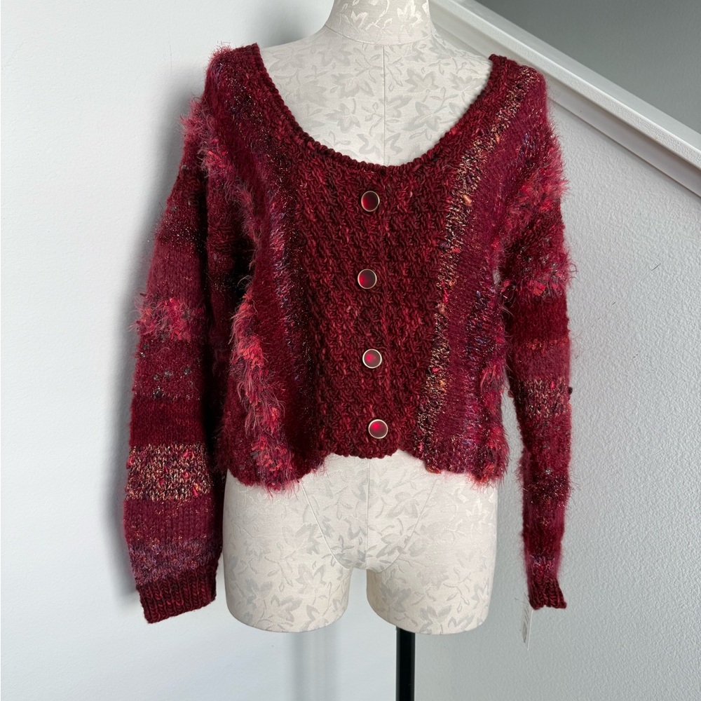 Hand Knit Red Pink Sweater Cardigan Grandmacore Medium Large Cottage Core